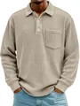 Detailed view of men's corduroy long-sleeve Polo shirt with chest pocket and striped texture - Khaki