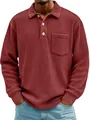 Close-up of men's corduroy long sleeve polo shirt with ribbed texture and front pocket - Red