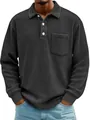Close-up of men's dark grey corduroy ribbed long sleeve polo shirt with chest pocket - Black