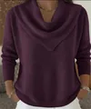 Detail view of purple waffle knit pullover with stylish cowl neck design - Deep purple