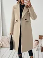 Manteau long en laine beige pour femme avec revers classique et détail de bouton - Abricot
