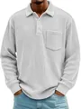 Detailed macro view of men's grey corduroy long sleeve polo shirt featuring chest pocket - White