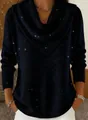Detail of navy blue sparkle knit sweater with elegant cowl neck for autumn winter - Black