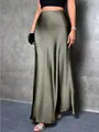 Detailed view of an elegant high-waisted olive green satin maxi skirt with silky texture - Slate Gray