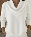 Elegant white cowl neck sweater with ribbed knit texture and loose fit for autumn - White