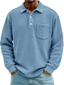 Detail of men's long-sleeve polo shirt with blue corduroy ribbed texture and chest pocket - Light Blue