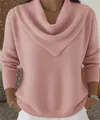 Chic dusty pink knit pullover sweater featuring a unique cowl V-neck and loose fit silhouette - S / Tops / Pink