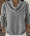 Elegant grey cowl neck knitted sweater with loose fit and textured waffle weave detail. - S / Tops / Gray