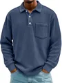 Detailed view of men's blue corduroy long sleeve polo shirt featuring a chest pocket - S / Tops / Dark Blue