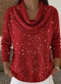 Close-up of sparkly red knit fabric on a long-sleeve winter top for women. - XS / Tops / Red