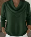 Close-up of dark green waffle-knit sweater featuring a stylish cowl neck design. - S / Tops / Army Green