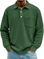 Detailed view of a men's dark green ribbed corduroy polo shirt worn by a model - S / Tops / Dark Green