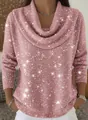 Detail view of pink long sleeve top with shimmering glitter fabric and draped neck - XS / Tops / Pink