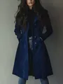 Detailansicht eines dunkelblauen langen Wildleder-Trenchcoats für Damen-Herbst-Wintermode - S / Oberteile / Dunkelblau