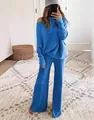 Ensemble deux pièces en tricot bleu avec haut à manches chauve-souris et pantalon - S / Haut Et Bas / Bleu lac