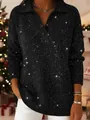 Primo piano di un maglione a polo nero scintillante a maniche lunghe con glitter. - Taglia S / Top / Nero