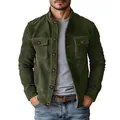Detail of men's dark green faux suede jacket with stand collar and button pockets - S / Tops / Army Green