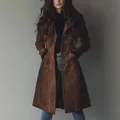 Elegant long brown suede trench coat for women with lapel collar and buttons. - S / Tops / Dark Brown