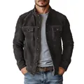 Detailed front view of a stylish charcoal grey faux suede jacket for men with buttons - S / Tops / Dark Gray