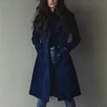 Elegant dark blue long suede trench coat for women's autumn winter fashion collection - S / Tops / Dark Blue