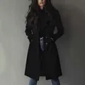 Elegant black faux suede long trench coat for women with classic lapel and button closure - S / Tops / Black