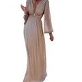 Elegant apricot sequin maxi dress with deep V-neck and long bell sleeves for party wear. - S / Top And Bottom / Champagne