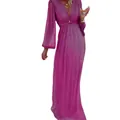 Close-up of elegant fuchsia sequin fabric on a long sleeve V-neck party maxi dress - S / Dresses / Rose Red