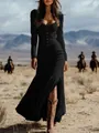 Robe longue noire style western vintage avec boutons et ourlet à volants superposés. - S / Haut Et Bas / Noir