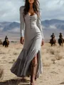 Vue détaillée d'une robe longue boutonnée de style western vintage à manches longues. - S / Haut Et Bas / Gris