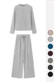 Conjunto de punto acanalado para mujer con top de manga larga y pantalones de pierna ancha. - Gris claro