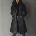 Premium long charcoal faux suede trench coat with lapel collar for autumn winter - S / Tops / Gray