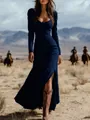 Detail view of a navy blue retro Western style long sleeve maxi dress in desert setting - Navy Blue