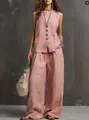 Completo due pezzi in cotone e lino rosa antico, gilet senza maniche e pantaloni larghi - Rosa