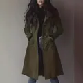 Premium long olive green suede trench coat for women featuring a lapel and buttons - Army Green