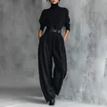 Elegant black two-piece set featuring a turtleneck top and high-waisted wide-leg pants - S / Top And Bottom / Black (With Belt)