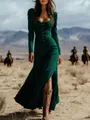 Close-up of vintage western style button-up long sleeve maxi dress in dark green - Dark Green
