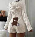 Back view of fuzzy white hooded romper featuring bear ears and a cute teddy bear patch - S / Top And Bottom / White