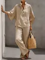 Full shot of relaxed cotton linen set with button-up shirt and matching wide-leg trousers - S / Top And Bottom / Khaki
