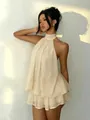 Chic cream halter neck backless dress with elegant ruffled layers for vacation - XS / Khaki