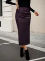 Elegant high-waisted plum ruched midi skirt for women shown in a street style setting - S / Bottoms / Deep purple