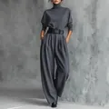 Elegant grey turtleneck top and high-waist wide-leg pants two-piece set with belt. - S / Top And Bottom / Gray (With Belt)