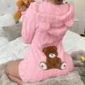 Detailed back view of pink fuzzy hooded romper with a cute plush teddy bear patch - S / Set / Pink