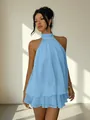 Elegant light blue halter neck tiered chiffon mini dress with flowing ruffled hem detail - XS / Blue