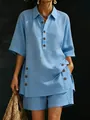 Detalle del conjunto azul claro de camisa de manga corta y pantalones cortos con botones - S / Top Y Pantalón / Azul cielo