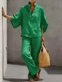 Elegant emerald green cotton linen two-piece set with buttoned shirt and wide-leg trousers - S / Top And Bottom / Green