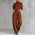 Elegant brown two-piece set featuring turtleneck top and high-waist wide-leg trousers - S / Top And Bottom / Dark Brown (With Belt)