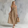 Detail of a khaki sleeveless button-down midi dress with a stylish flared skirt - Khaki