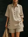 Conjunto de dos piezas beige estilo lino para mujer con camisa de manga corta y shorts. - S / Top Y Pantalón / Caqui