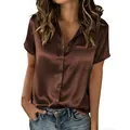 Close-up of smooth chocolate brown satin short sleeve button-down blouse for women - Brown