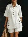 Elegante conjunto de dos piezas de lino blanco para mujer con camisa y pantalones - S / Top Y Pantalón / Blanco